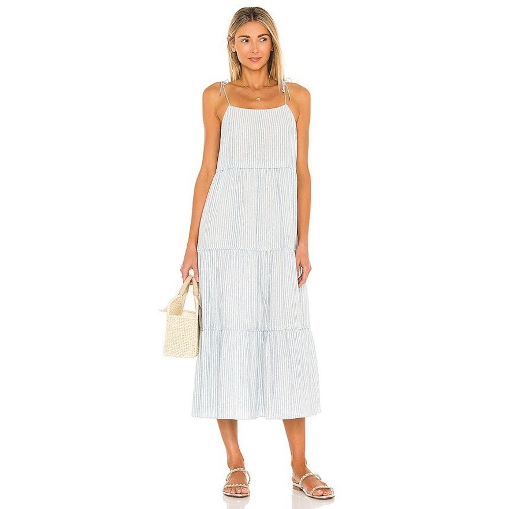 Saylor Striped Tiered Midi Dress Cotton Linen Tie Shoulder Blue White *Flaw*